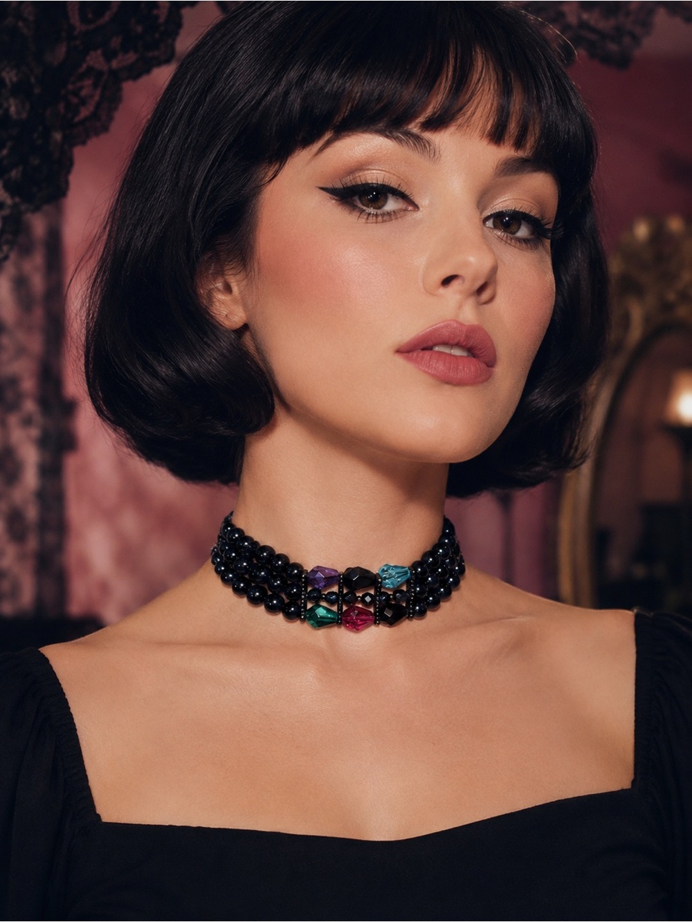 Vintage Jewel Tone Romantic Goth Beaded Choker Necklace Heirloom
